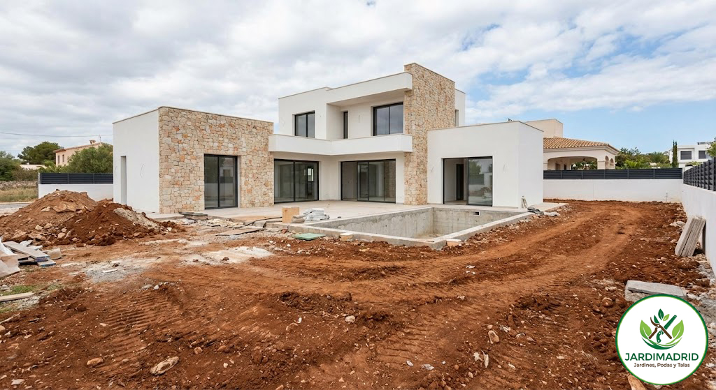 Chalet con maleza y escombros acumulados